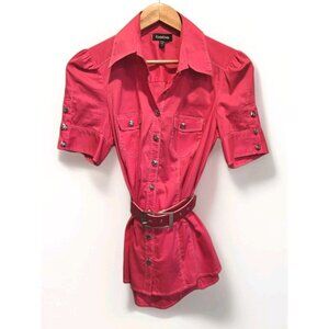 Bebe Pink Y2K Button Up Short Puff Sleeve Belted Fitted Top Sz M Pockets Stretch